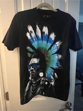 Rook Graphic Tee Black, Blue, White, Green Native American Headdress, size M